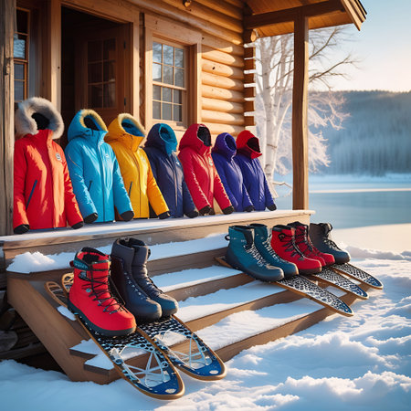 A variety of winter jackets, some with fur-lined hoods, are displayed on the wooden steps of a log cabin. Below the jackets, pairs of snow boots and snowshoes are arranged. The jackets are in colors such as red, blue, yellow, purple, and dark blue. The setting is a snowy landscape with trees and a body of water in the background, illuminated by soft sunlight.の素材