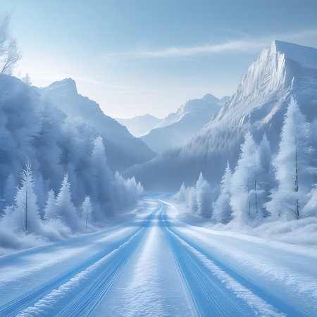 A bright blue ice road curves through a vast, snow-covered mountain landscape. The sides of the road are lined with frosted trees, their forms softened by the winter snow. Towering, snow-capped mountains dominate the background under a serene, pale blue sky, conveying a sense of remote beauty.の素材