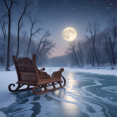A vintage, carved wooden sleigh sits on a frozen, icy river under a bright full moon. Bare, frost-covered trees line the banks of the river, their branches creating dark silhouettes against the twilight sky. The moonlight casts a soft glow on the ice, highlighting its textures and the reflections of the sky and trees. The scene evokes a sense of solitude and winter magic.の素材