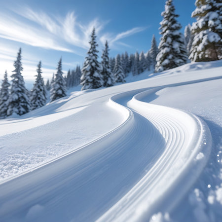 A picturesque winter scene featuring a groomed ski track winding through a snow-covered landscape. Tall, snow-laden pine trees line the background under a clear blue sky with scattered clouds. The textured snow and gentle curves of the track create a visually appealing and inviting winter setting.の素材