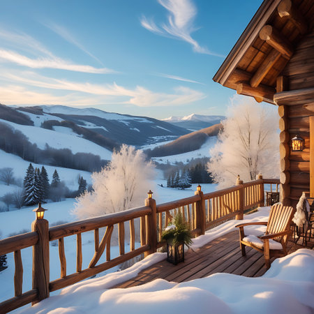 The image captures a wooden cabin balcony adorned with an Adirondack chair, overlooking a vast, snow-covered mountain valley. Snow blankets the deck and the surrounding landscape, with frosted trees adding to the winter charm. The sky is a vibrant blue with wispy clouds, and the distant mountain ranges are illuminated by soft light. Lanterns are placed on the balcony, hinting at a cozy evening atmosphere.の素材