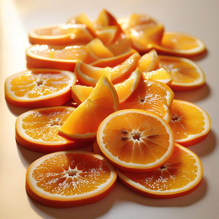An inviting assortment of orange slices and wedges is arranged on a light, neutral surface. The vibrant orange color of the citrus fruit is prominent, with visible segments and textured rinds. The lighting creates subtle shadows, adding depth to the composition. This arrangement highlights the natural beauty and freshness of oranges, suitable for themes related to healthy eating and natural ingredients.の素材