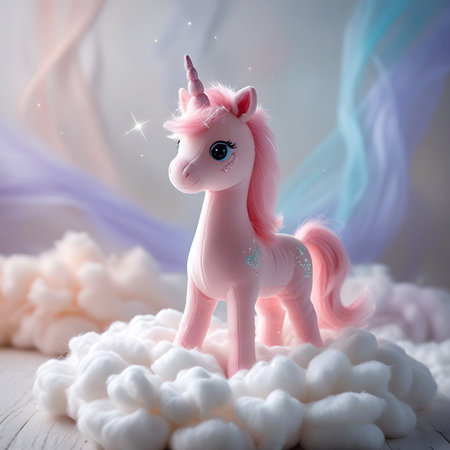 A delightful pink unicorn plush toy is positioned on a pile of soft, white, cloud-like material. Its large, expressive eyes sparkle, and its mane and tail are a vibrant pink with subtle glitter. The unicorn's horn is also a soft pink. The background is a blend of pastel colors with flowing fabric ribbons in pink, purple, and blue, and subtle star-like sparkles. The overall image evokes a sense of magic and wonder.の素材