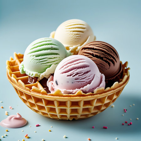 Four scoops of ice cream are presented in a waffle bowl, with a light blue background. The flavors are pink strawberry, green mint, brown chocolate, and creamy vanilla. Some ice cream is beginning to melt, with visible drips. Scattered sprinkles add color to the scene, and the waffle bowl has a distinct diamond pattern.の素材
