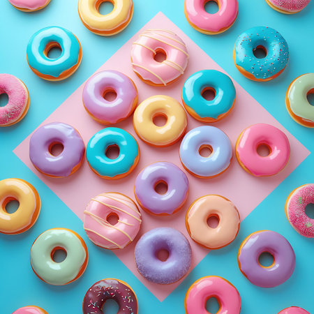 A vibrant collection of assorted donuts is artfully arranged in a geometric pattern against a pastel pink and blue background. The donuts feature a variety of pastel-colored frostings including pink, blue, yellow, purple, and orange, with some adorned with sprinkles. The composition is a top-down flat lay, showcasing the circular shapes and glossy textures of the sweet treats in a visually appealing and modern display.の素材