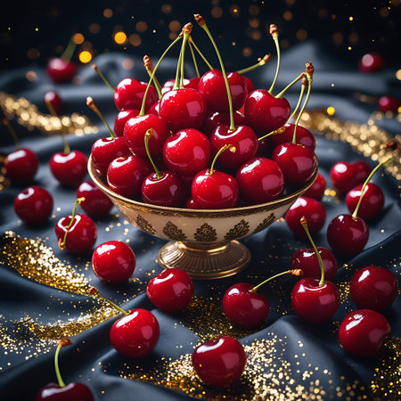 A generous pile of plump, glossy red cherries fills an ornate, gold-accented bowl. The bowl is placed on a dark, textured fabric that is heavily sprinkled with sparkling gold glitter. The background features soft, glowing golden bokeh lights, contributing to a rich, luxurious, and celebratory visual.の素材