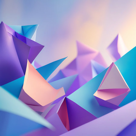 An abstract digital artwork features a landscape composed of sharp, angular geometric shapes. Predominant colors include shades of purple, blue, and soft pink, with subtle pastel gradients in the background suggesting a hazy sky. The shapes are arranged in a dynamic, layered composition, creating a sense of depth and movement. The lighting is soft, highlighting the smooth surfaces and edges of the polygons.の素材