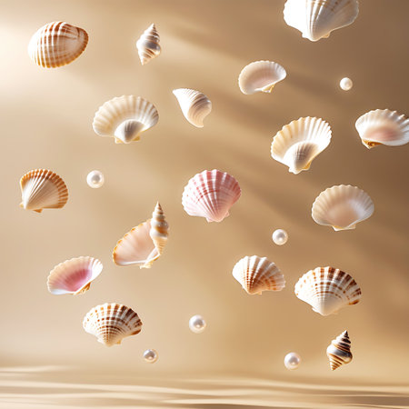 A collection of various seashells and luminous pearls are scattered and appear to float against a soft, warm, light brown background. The shells display a range of shapes, sizes, and patterns, including ribbed, spiral, and fan-like structures, in colors from white and cream to light brown and pink. The pearls are round and have a subtle sheen. Soft light creates gentle shadows and highlights, adding depth and texture to the composition, giving it an ethereal and artistic feel.の素材