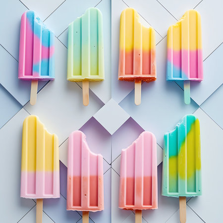 A collection of eight colorful popsicles, some whole and some partially bitten, are arranged on a geometric, folded paper background. The popsicles display a range of bright and pastel colors, including pink, blue, yellow, green, and orange, with some featuring multiple color segments. The wooden sticks are visible, and the bitten popsicles add a playful, consumed element to the composition. The studio lighting highlights the textures and vibrant hues of the frozen treats.の素材