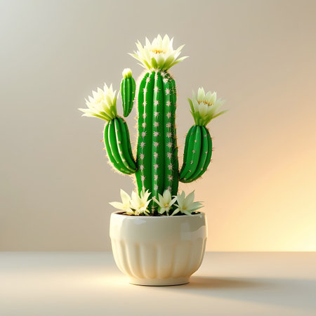 A vibrant green saguaro cactus stands tall in a ribbed white pot. Multiple white flowers are in bloom, with some on top and others emerging from the sides of the cactus. Smaller buds are also visible. The plant is illuminated by soft, warm lighting, casting gentle shadows against a neutral, light-colored background. The texture of the cactus with its spines and ribs is clearly visible.の素材