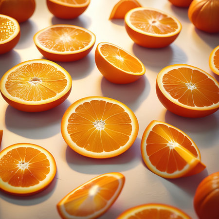A collection of sliced oranges is arranged on a light-colored surface. Various cuts are visible, including full halves and wedges, showcasing the juicy pulp, white pith, and orange rind. The lighting highlights the vibrant color and texture of the fruit.の素材