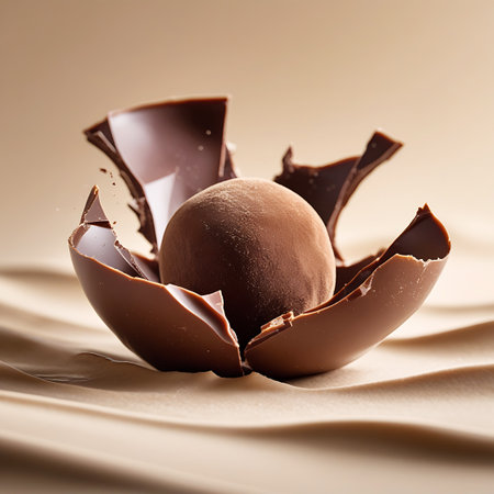 A round chocolate truffle sits within a nest of broken, shattered chocolate pieces. The chocolate shell has been dramatically broken apart, creating a dynamic and artistic presentation. The background is a soft, neutral tone, emphasizing the rich brown hues of the chocolate.の素材