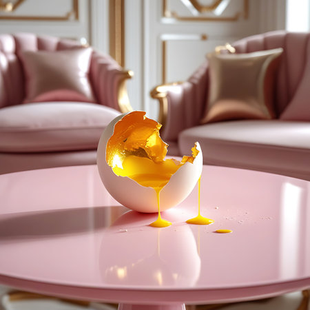 A white eggshell, broken open, sits on a glossy pink table. A thick, golden-yellow yolk is spilling from the broken shell, creating a fluid shape on the table's surface. Small droplets of yolk are scattered around. The background features blurred, opulent pink armchairs with gold trim, suggesting a high-end interior.の素材