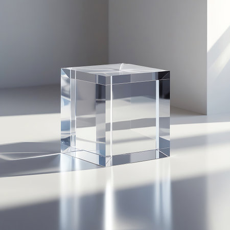 A perfectly formed clear glass cube sits on a smooth white surface. Sunlight streams in from the side, casting sharp shadows and creating intricate patterns of light and reflection on the cube's facets and the surrounding surface. The minimalist composition emphasizes the transparency and geometric precision of the object.の素材