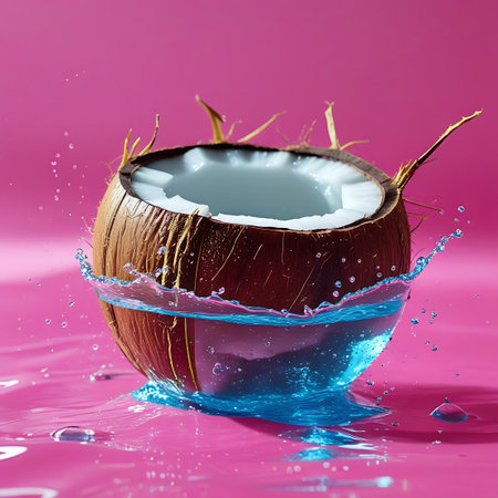 A whole coconut is shown with a dynamic splash of blue water erupting from its center. Numerous small water droplets are suspended in the air and scattered on the shiny pink surface, highlighting the refreshing and lively nature of the scene. The textured brown shell of the coconut is prominent against the bright background.の素材