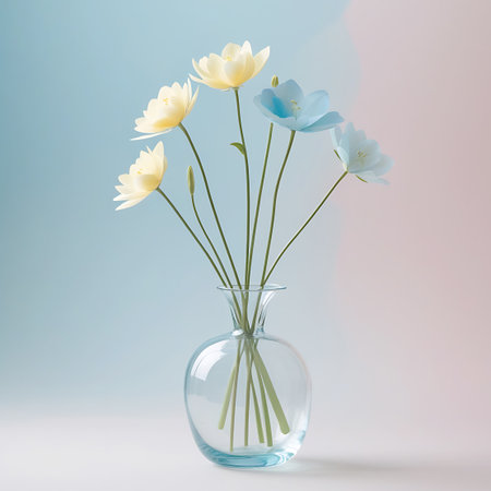 A clear glass vase with a rounded shape holds a bouquet of delicate yellow and blue flowers with long green stems. The background is a soft pastel gradient transitioning from light blue to light pink, creating a serene and airy atmosphere.の素材