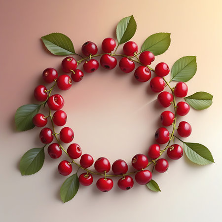 A circular arrangement of fresh, ripe red cherries is presented with vibrant green leaves. The cherries are glossy and appear plump, each attached to a thin stem, with some stems intertwined. The leaves are a deep green and are strategically placed along the circular path of the cherries, creating a natural wreath-like effect. The composition is set against a soft, gradient background, highlighting the rich red color of the fruit and the fresh green of the foliage.の素材