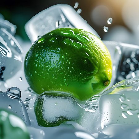 This close-up shot features a bright green lime covered in tiny water droplets, positioned among several clear ice cubes. The ice is melting slightly, with water pooling around it and on the surface of the lime. The image emphasizes the cool, refreshing nature of the ingredients, with soft lighting and shallow depth of field.の素材