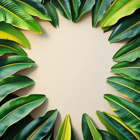 A circular arrangement of vibrant green and yellow banana leaves forms a natural border. The leaves are positioned with their stems pointing inwards, creating an open space in the center. The colors transition from deep green to bright yellow along the edges of the leaves. The background is a soft, neutral tone with subtle lighting and shadows.の素材