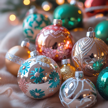 This image presents a detailed view of various Christmas ornaments, emphasizing their decorative surfaces. Several baubles display intricate floral patterns in teal and pink, while others feature delicate silver or gold filigree and geometric designs. The reflective surfaces catch the light, and a soft bokeh of warm lights adds to the festive, cozy ambiance.の素材
