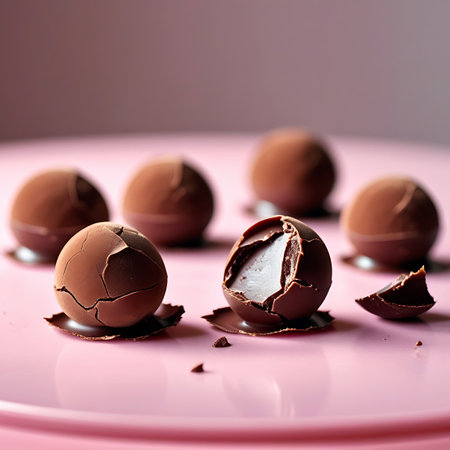 A group of chocolate truffles are presented on a smooth pink surface. The truffles have a dark chocolate shell that is cracked, revealing a lighter, creamy filling inside. One truffle is significantly broken open, showcasing the contrast between the shell and the interior. Small fragments of chocolate are scattered around the truffles, adding to the visual appeal of the broken confectionery.の素材