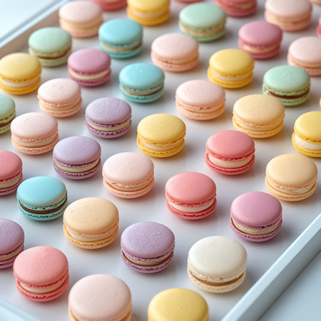 A collection of vibrantly colored French macarons is neatly arranged in a white tray. The macarons, featuring a variety of pastel and bright hues, are presented in rows and columns, showcasing their delicate texture and appealing shapes. Each macaron consists of two meringue shells sandwiching a creamy filling, creating a tempting display of this popular sweet treat.の素材
