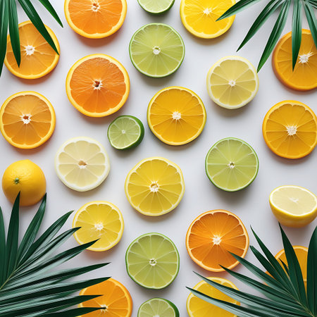 A visually appealing spread of various citrus fruits, including numerous slices of lemons, limes, and oranges, as well as whole lemons and oranges. Accompanying the fruits are several lush green palm leaves. The entire arrangement is presented on a clean white background, showcasing the rich colors and textures of the fresh produce.の素材