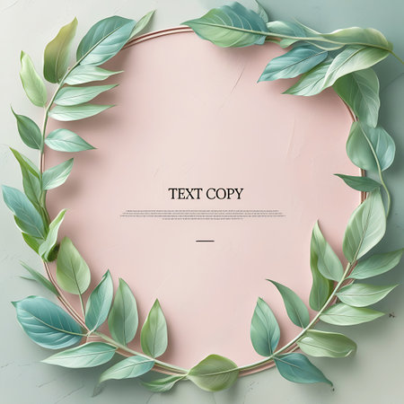 A circular, pale pink frame is adorned with a delicate wreath of light green leaves and stems. The leaves are varied in shape and shade, creating a natural and organic feel. The wreath encircles the empty space within the frame, where "TEXT COPY" is centrally placed, along with a small horizontal line below it. The background has a subtle textured, light gray surface.の素材