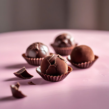 Several dark chocolate truffles, each nestled in a miniature ruffled paper cup, are arranged on a soft pink surface. One truffle in the foreground is broken, revealing its smooth interior and a cracked outer shell. Small pieces of broken chocolate lie scattered nearby. The shallow depth of field blurs the background, focusing attention on the detailed textures and rich color of the chocolates.の素材