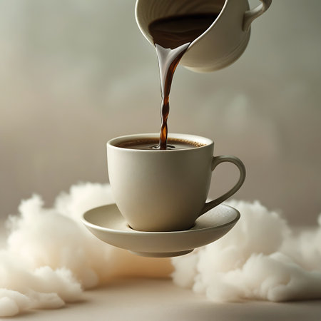 A light-colored ceramic cup and saucer are depicted floating amidst soft, white clouds. A stream of dark brown coffee is actively being poured from a vessel above into the cup. The background is a gentle gradient of muted tones, with the clouds creating a soft, diffused atmosphere. The image evokes a sense of calm and indulgence.の素材