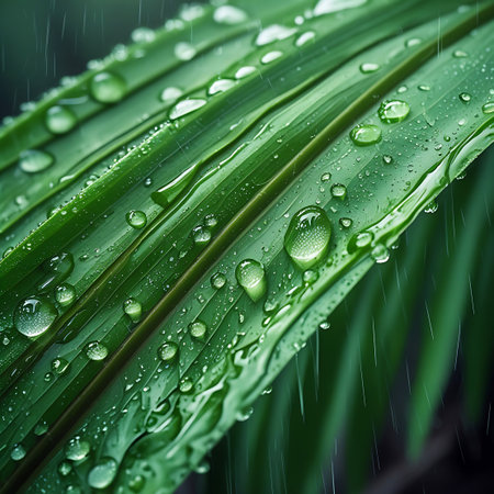 This is a detailed macro photograph of a vibrant green leaf covered in numerous clear water droplets. The leaf's surface shows distinct veins, and the raindrops are varied in size, some appearing to be rolling off. The background is softly blurred, drawing attention to the intricate textures and the glistening effect of the water. The image conveys a sense of freshness and natural beauty.の素材