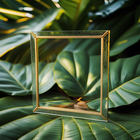 An empty, transparent frame with an ornate golden trim is positioned on a bed of large, lush green tropical leaves. The leaves are detailed and richly colored, with visible textures and a natural sheen. The frame's transparency allows the vibrant foliage to be seen through it. Soft, diffused light creates a tranquil atmosphere with subtle shadows.の素材