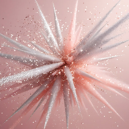 This image depicts an abstract, starburst-shaped explosion composed of pink and silver glitter. Sharp, radiating spikes are covered in fine shimmering particles, with a blend of rose gold and silver hues. The central area is dense with glitter, and smaller particles and confetti are scattered outwards onto the soft pink backdrop, creating a sense of vibrant motion and festive allure.の素材
