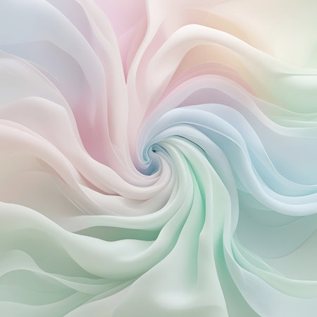 An abstract image featuring a swirling pattern resembling flowing fabric or silk. Soft pastel colors, including pink, blue, and green, blend smoothly across the surface. The layers appear delicate and translucent, creating a sense of ethereal movement and depth. The overall impression is one of gentle fluidity and serene beauty.の素材