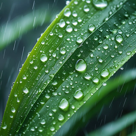 This image presents an extreme close-up of a green leaf, heavily covered in a multitude of small and large water droplets. The intricate texture of the leaf, with its distinct veins, is emphasized by the water clinging to its surface. The background shows blurred streaks of rain, creating a sense of a wet, natural environment.の素材