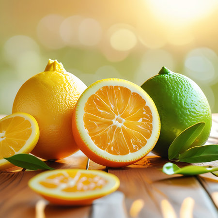 A close-up still life of fresh citrus fruits including a whole lemon, a halved orange, and a whole lime, with a slice of lemon and a slice of orange in the foreground. Green leaves are scattered around the fruits, which are arranged on a wooden surface. The background features a soft bokeh effect with warm sunlight filtering through.の素材