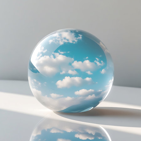 A perfectly spherical glass orb sits on a clean, white surface, reflecting a bright blue sky filled with fluffy white clouds. The sphere acts as a lens, distorting and magnifying the sky within its curved surface. Sunlight casts a distinct shadow from the sphere onto the white surface, creating a contrast between light and dark. The background is a simple, bright white, with subtle hints of light and shadow suggesting a studio environment.の素材