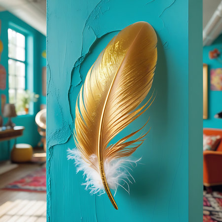 A striking golden feather with a soft white tip appears to be adhered to a rough, textured teal wall. The feather is angled, with its quill pointing downwards. The background is softly out of focus, revealing elements of a brightly colored room, suggesting an indoor setting.の素材