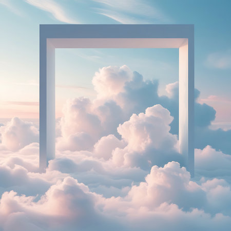 A stark, white geometric frame creates a portal-like opening within a breathtaking cloudscape. The frame stands against a backdrop of soft, pastel-colored clouds illuminated by the gentle light of sunset. The clouds are voluminous and fluffy, with hues of pink, blue, and white, creating a dreamy and ethereal atmosphere. The contrast between the sharp geometric shape and the soft natural scene is striking.の素材