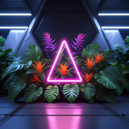 A luminous pink neon triangle is centrally positioned amidst a dense arrangement of tropical plants. Large, textured green leaves and striking orange bird of paradise flowers are prominent, complemented by purple foliage. The background suggests a futuristic, possibly spacecraft or laboratory interior, with dark, metallic surfaces and linear lighting. The overall mood is dramatic and atmospheric, with a strong contrast between the neon glow and the darker surroundings.の素材