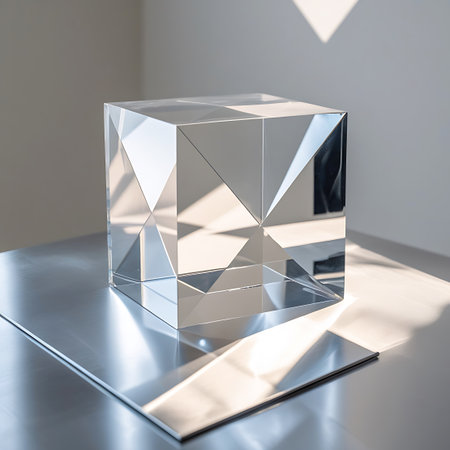 A clear, geometric crystal cube with sharp, angular facets is placed on a reflective metallic surface. The cube refracts and reflects ambient light, creating intricate patterns of light and shadow on its surfaces and the surrounding area. The metallic surface is smooth and polished, mirroring the cube and the light. The overall composition is minimalist and modern, emphasizing the interplay of light, geometry, and reflection.の素材