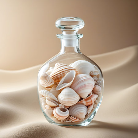 A clear glass decanter with a stopper is filled with a diverse collection of seashells. The shells are predominantly white, cream, and pale orange, with some featuring distinct striped patterns. They vary in size and shape, including fan shells, spiral shells, and smaller bivalve shells. The decanter rests on a surface resembling sand dunes, with soft curves and shadows. The background is a muted beige, emphasizing the detail and texture of the shells and the glass.の素材