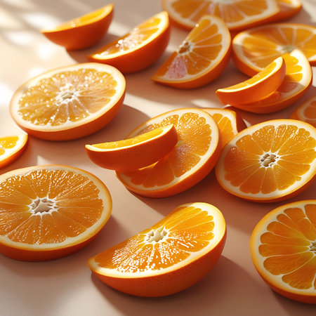 A vibrant collection of freshly sliced oranges is artfully scattered across a light beige surface. The citrus fruits are depicted in various forms, including whole halves, wedges, and thin slices, showcasing their juicy pulp and textured rind. Sunlight casts soft shadows, highlighting the natural beauty and refreshing appeal of the oranges. This still life composition emphasizes the vibrant color and healthy essence of the fruit.の素材