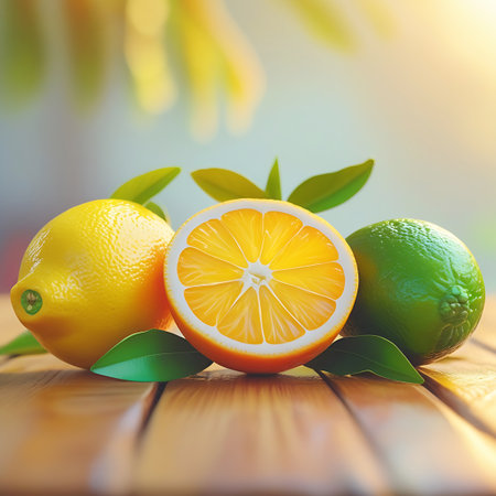 A close-up view of fresh citrus fruits, including a whole lemon, a whole lime, and a halved orange, artfully arranged on a wooden surface. Several green leaves are placed around the fruits, enhancing their natural appeal. The background is softly out of focus with a warm bokeh effect, illuminated by sunlight.の素材