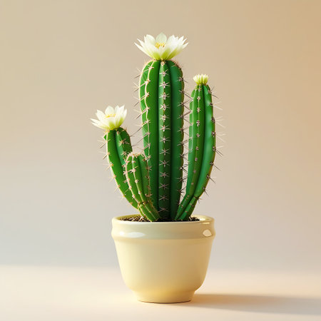 A green saguaro cactus with prominent white flowers sits in a smooth, yellow pot. The cactus has a central stalk and two smaller arms, all adorned with white blooms and visible spines. The lighting is soft and directional, highlighting the plant's texture and form against a plain, light background. This is a studio shot focusing on the botanical subject.の素材