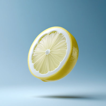 A single, vibrant yellow lemon half is suspended in mid-air against a soft, gradient blue background. The detailed texture of the lemon's pulp and rind is clearly visible, highlighting its juicy and fresh appearance. A subtle shadow is cast below, adding depth to the minimalist composition.の素材