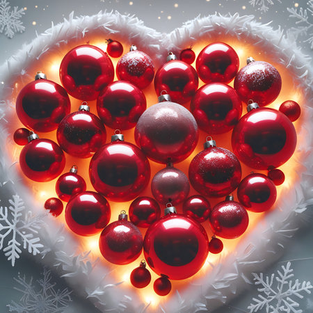 A heart-shaped arrangement of numerous red Christmas ornaments is centered against a soft, glowing background. The ornaments vary in size and some have a subtle glitter effect. White, fluffy trim borders the heart shape, and delicate snowflakes are scattered throughout the scene, along with warm, twinkling lights that enhance the festive atmosphere.の素材