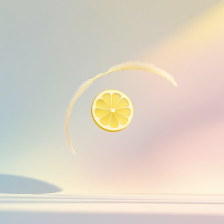 A bright yellow lemon slice is the central focus, positioned against a soft, pastel gradient background. A delicate, light yellow feather is gracefully curved above and around the lemon slice, creating an airy and elegant composition. Soft light and shadows enhance the gentle mood.の素材