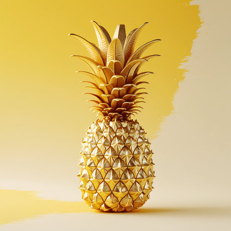 A gleaming golden pineapple stands prominently on a soft gradient background transitioning from yellow to beige. The pineapple's textured surface reflects light, showcasing its metallic sheen and intricate geometric pattern. The composition is clean and minimalist, with subtle abstract brushstrokes visible on the background, highlighting the opulent and exotic nature of the fruit.の素材