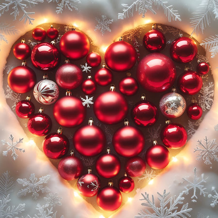 A heart-shaped arrangement is created using numerous red Christmas ornaments, interspersed with a few silver and patterned baubles. Warm, glowing lights form the outline of the heart, and soft, fuzzy textures along with scattered snowflakes enhance the festive winter theme. The composition is rich in detail and evokes a strong sense of holiday spirit and warmth.の素材